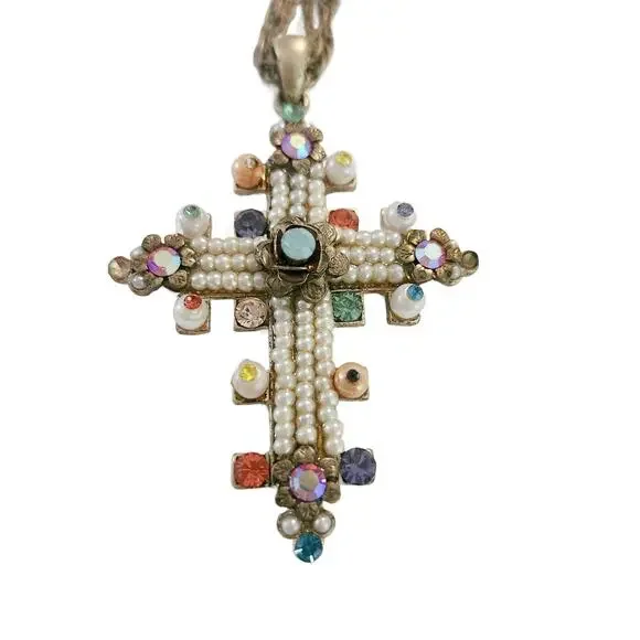 Vintage Cross Necklace with Crystals, Pearls and Rhinestones - Picture 10 of 11